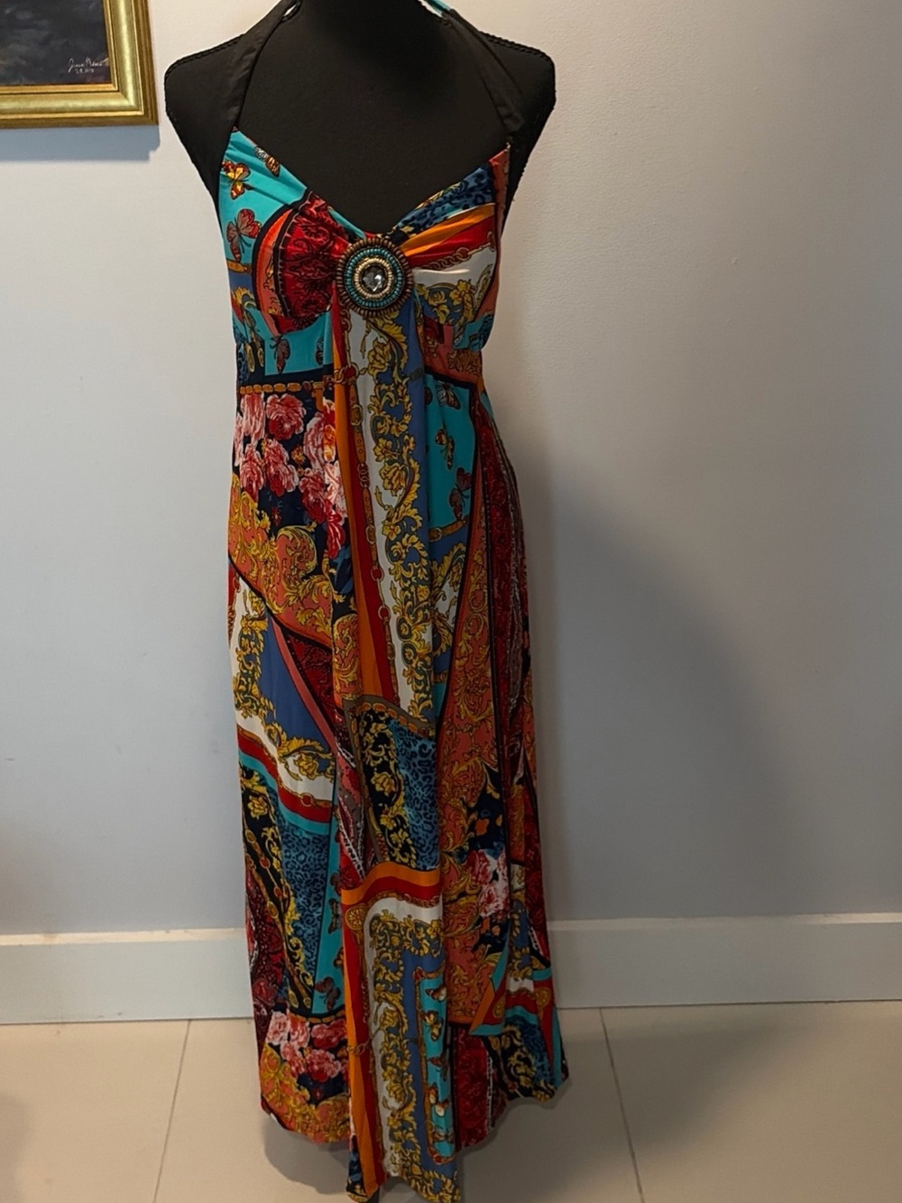 Vntg  90’s Y2K Maxi Halter Dress Floral Butterfly Colorful Boho Festival Beaded